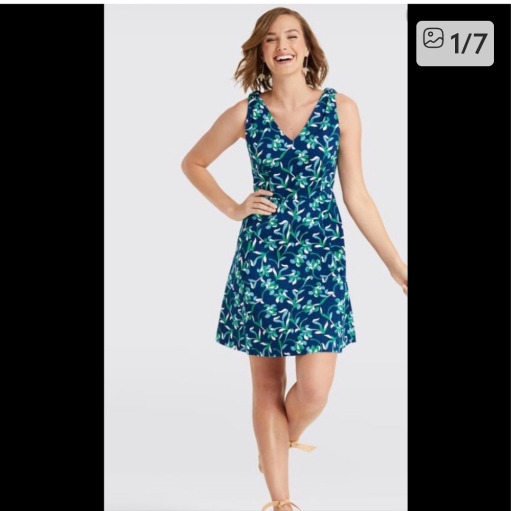 Draper James Navy and Teal Floral Knot Shoulder Dress